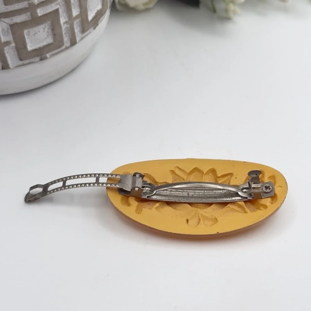 Vintage Barrette MCM Butterscotch Amber Reverse Carved Rose Floral Hair Clip